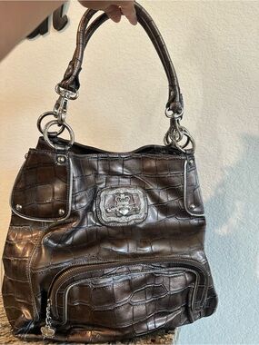 Kathy Van Zeeland Bronze Metallic Croc Tote Bag Y2K - Large Shoulder Purse